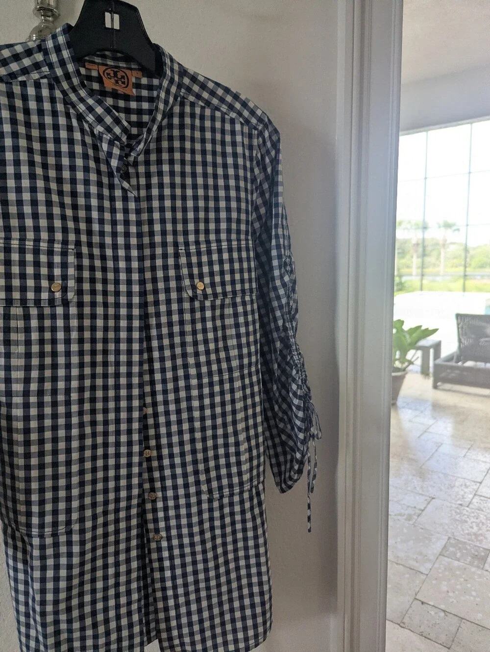 Tory Burch Striped Cotton Shirt With Chest Pocket Plaid Gray Size Small